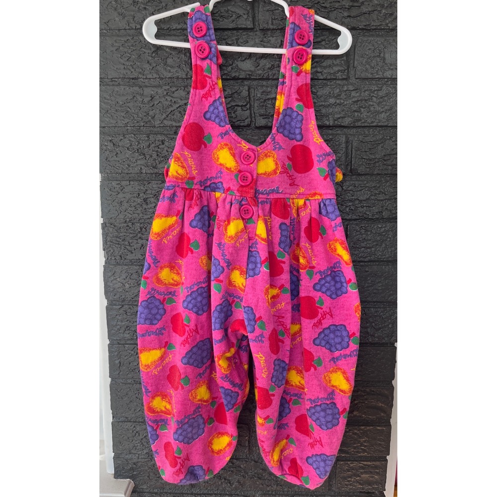 Vintage Fruit Print Overalls Hot Pink Grapes Apples Pears Jumpsuit Size 2